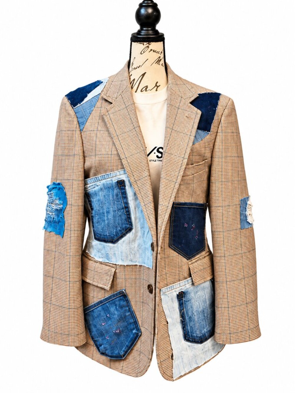 One-of-a-Kind Plaid Blazer Distressed Denim Patchwork Statement Jacket